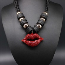 Women Fashion Jewelry Ladies Vintage Ethinic Mouth Rhinestone Rope Chain Chokers Necklace Sexy Red Lips Pendant JN023