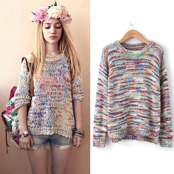 2015 Woman Fashion Knitted rainbow Sweater Lady Pullover O-neck Free ...
