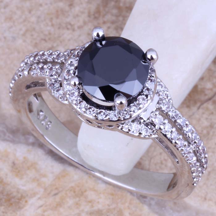 Enjoyable Black Sapphire White Topaz 925 Sterling Silver Ring For Women Size 5 6 7 8