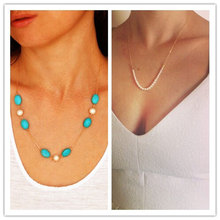 Women Retro Elegant Faux Pearl Turquoise Branch Leaves Pendant Chain Necklace