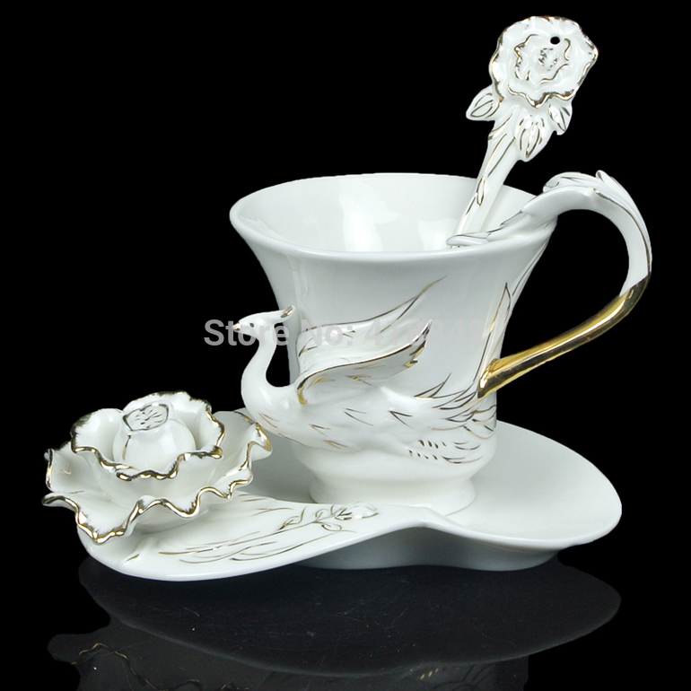 Porcelain Gold Peony And Bird Coffee Set Tea Set 1Cup 1Saucer 1Spoon Gift