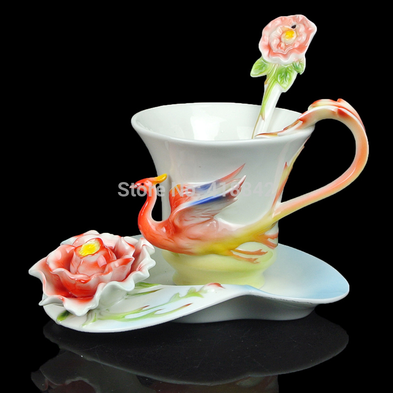 Porcelain Colorful Peony And Bird Coffee Set Tea Set 1Cup 1Saucer 1Spoon Gift