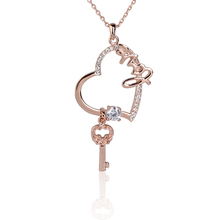 18K Rose Gold GP Heart and Key Love Pendant Necklace with Crystal Diamond   WORD