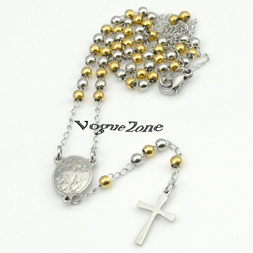 Beads pendant 4mm Silver Gold Chains Stainless Steel Religous Rosary Cross Necklaces womens jewlery skyrim prata