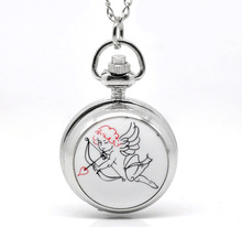 Free shipping Fashion Casual 1PC Silver Tone Necklace Enamel Cupid Quartz Pocket Watch