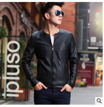 2014 autumn New high quality men Korean slim Collarless PU Washed Leather coat male motorcycle leather jacket plus size M-3XL