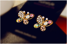 Hut 2014 LZ wholesale fashion jewelry Colorful Crystal Multi color Butterfly Stud Earrings For Women