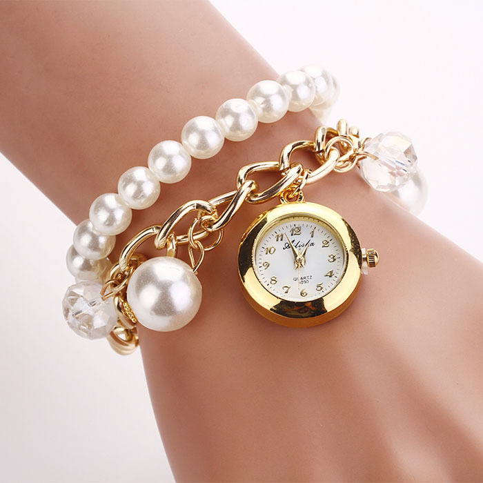 Women Faux Pearl Rhinestone Watches Quartz Analog Bracelet Wrist Watches Snow 2015 New Brand 5 Style