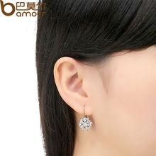 Bamoer Real 18K Platinum Plated Stud Earrings with Flower Shape Multicolor Silver AAA Zircon For Women