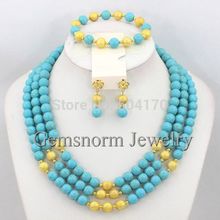 Free Shipping Stylish 3 Rows African Beads Jewerly Set Handmade Turquoise Beads Party Jewelry Set Hot