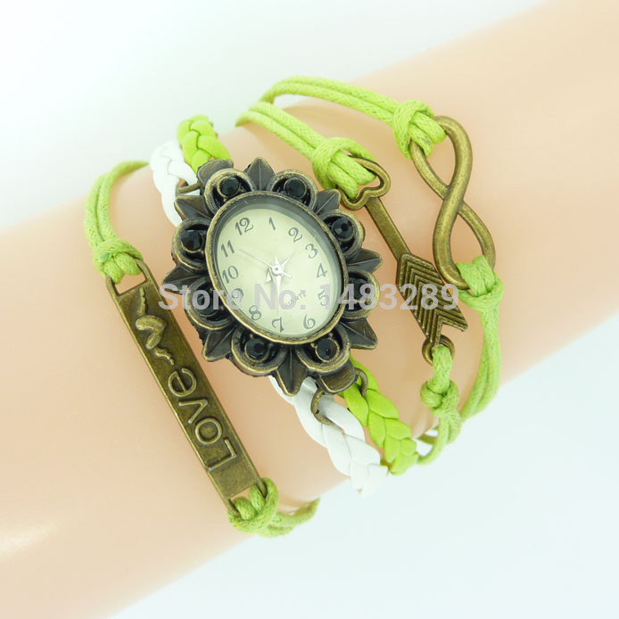 Retro fruit green wax rope watches Cupid and 8 words multilayer bracelet watches women s watches