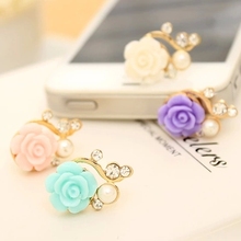 Korean Fashion Romantic Resin Rose Flower Pearl Dust Plug Earphone Stopper for Iphone Sam Mi Mobile