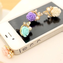 Korean Fashion Romantic Resin Rose Flower Pearl Dust Plug Earphone Stopper for Iphone Sam Mi Mobile