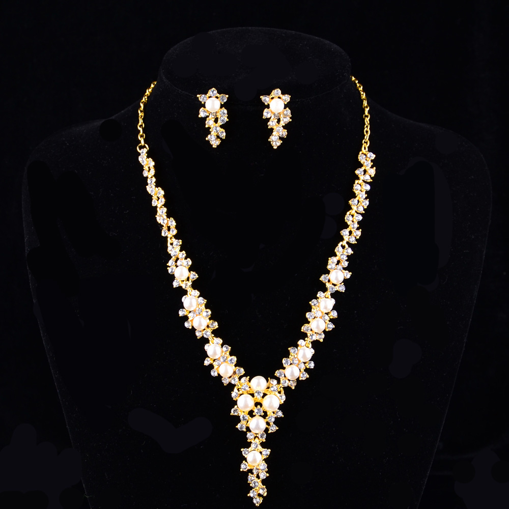 Gothnic Fashion Gold Plated Necklace And Earrings For Women Rhinestone Style Pearl Inlay Jewlery Set ACEMIR