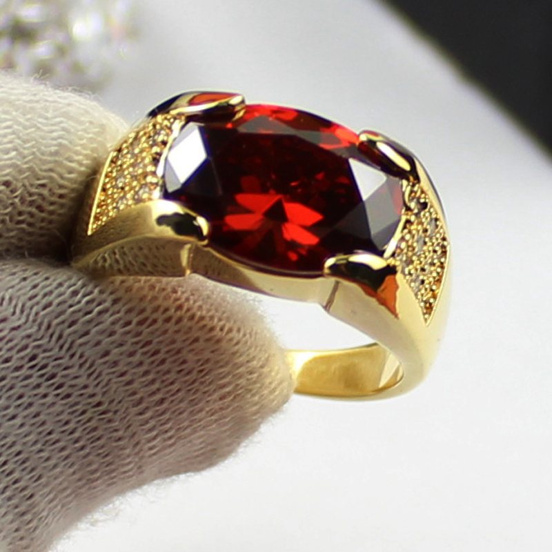 Size 9 10 11 Hansome Men s 10KT Yellow Gold Filled Red Garnet Solitare Ring