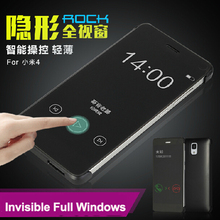 Miui mi4 Rock Brand Invisible Luxury Full Window Clear Case TPU Hard Xiaomi mi4 m4 16gb 64gb Phone Black Cover Leather Free ship