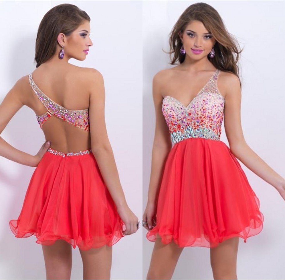 Beaded And Crystals 2015 New A Line Chiffon One Shoulder Custom Backless Lovely Girls Cheap Vestidos Cocktail Dress