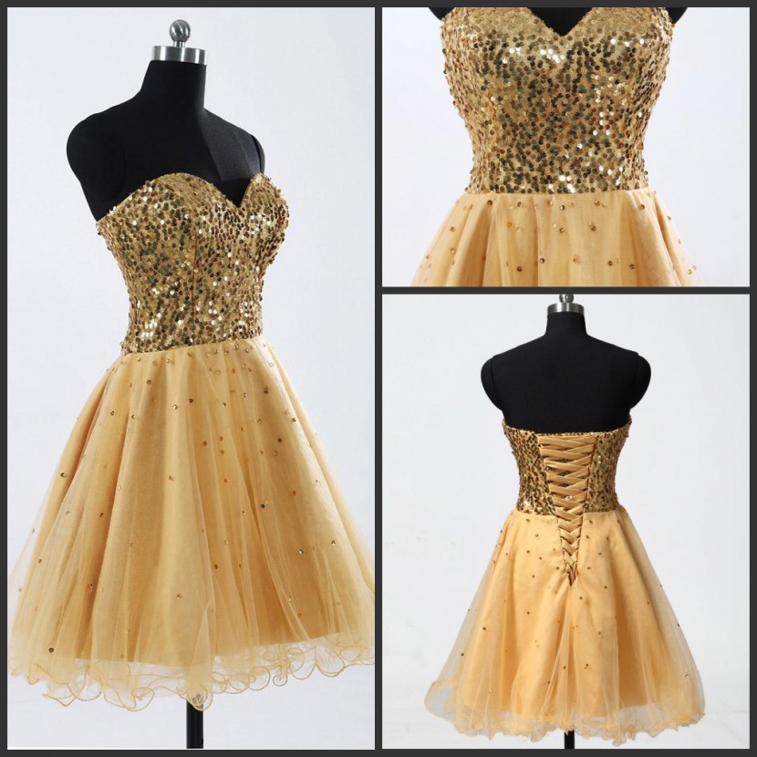 Under 50 Graduation Dresses Sweetheart Tulle Gold Sequins Cocktail ...