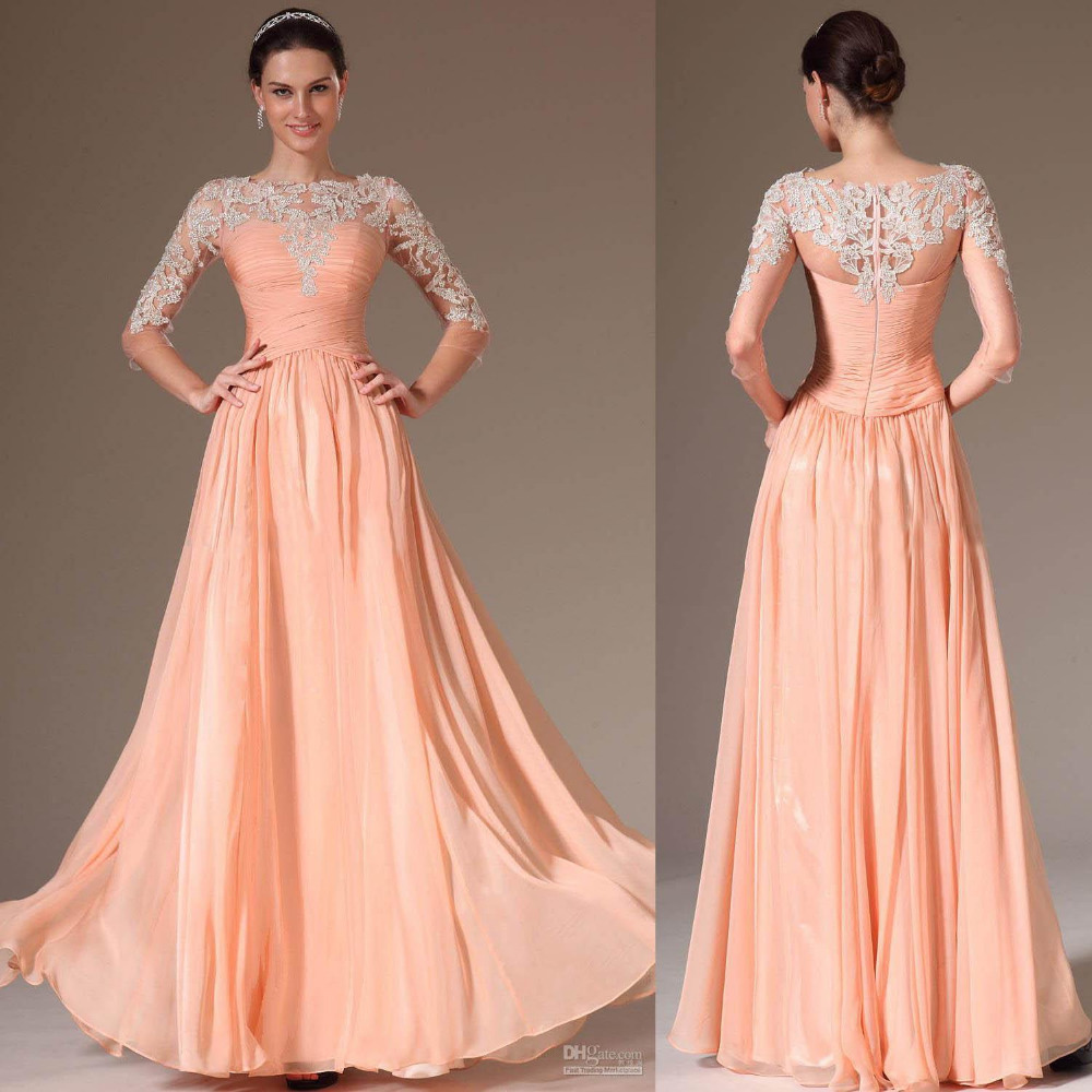 Hot-Pink-Prom-Dresses-2015-Bateau-Neck-Lace-Applique-Illusion-Sleeve-A ...