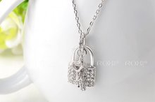 1PCS Free Shipping Fashion Lovely Austrian Crystal LOVE Lock and Key Pendant Necklace White Gold Plated