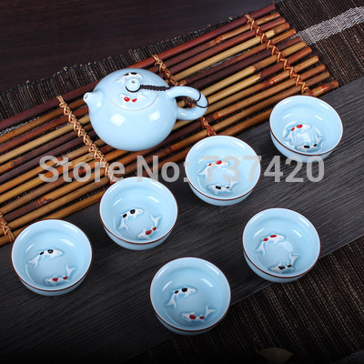 BEST 7pcs set colorful beauty pu er tea tools kungfu Pisces mugs fish tea sets handmade