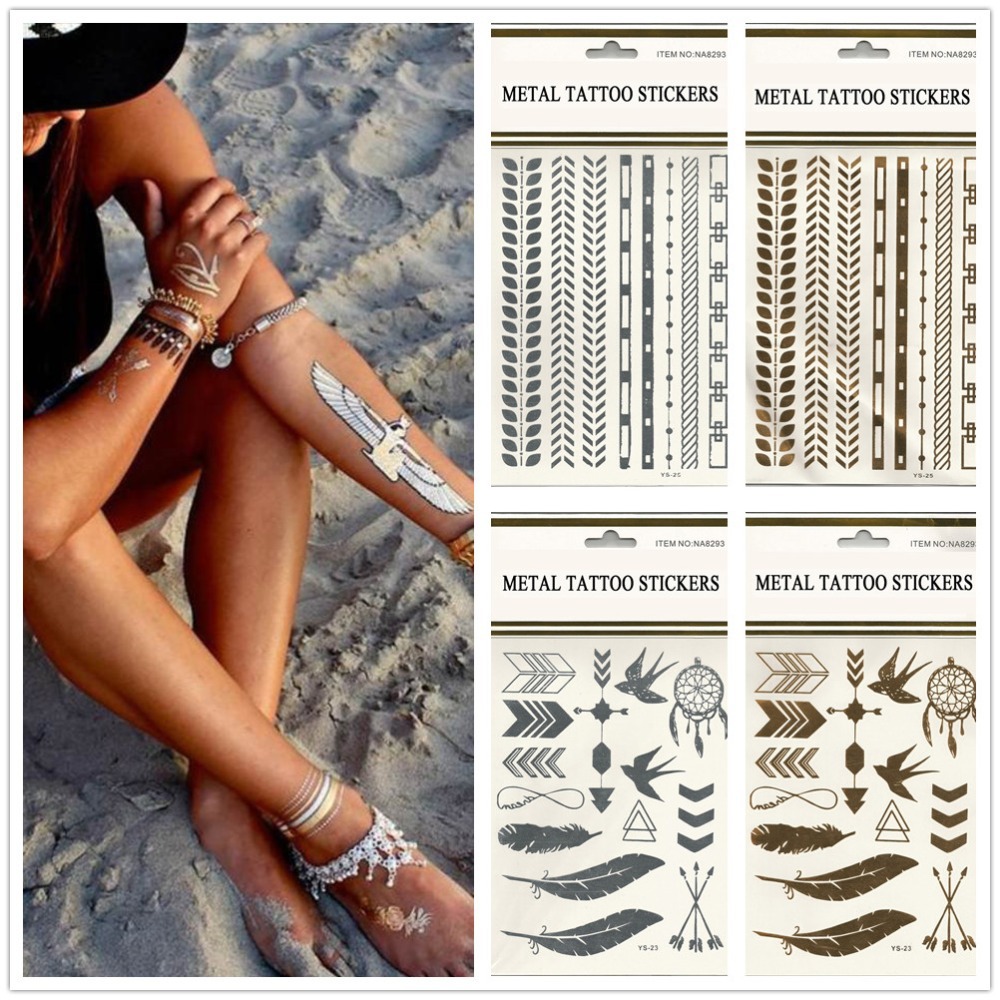 Hot Sale 10pcs lot Feather And Jewelry Style Temporary Metallic Tattoos Golden Silver Flash Tattoos Stickers