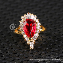 Water Drop Wedding Rings For Women Party Jewelry Cubic Zirconia Ruby Fashion Golden Ring For Woman