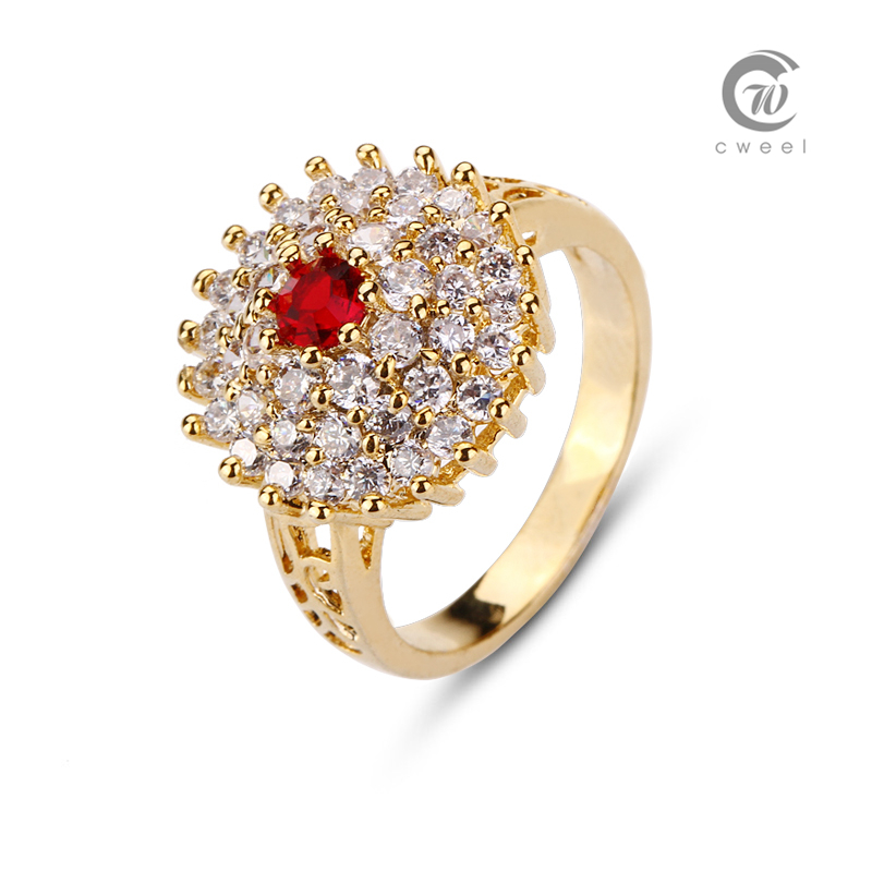 Fashion Golden Rings For Women Flower AAA Cubic Zirconia Ruby Gold Plated Jewelry Party CZ Lady