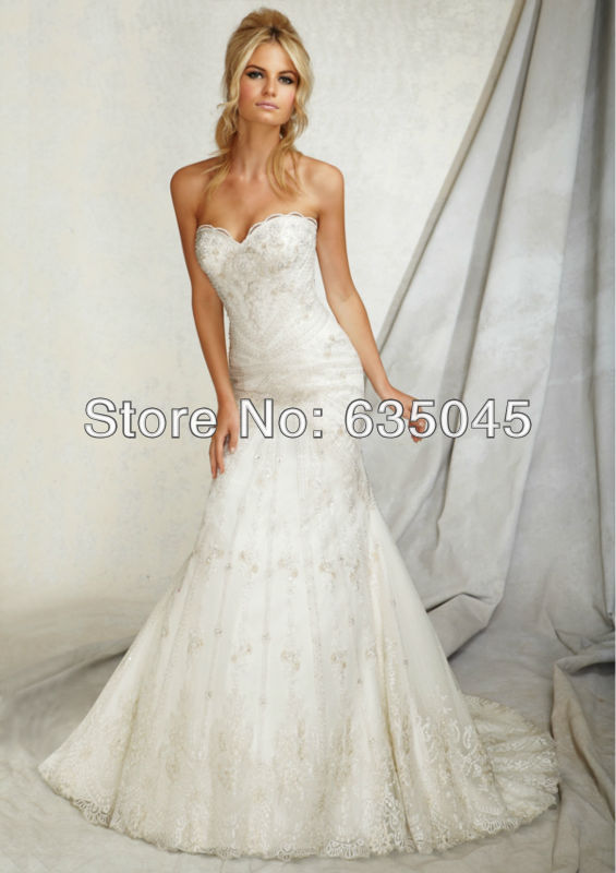 2014 New Sweetheart Custom Made White Ivory Satin Tulle Lace Beading Mermaid Wedding Dress Bridal Gown