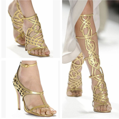 Sexy Summer Collection Booties Gold Lace-up Knee High Heels Gladiator ...