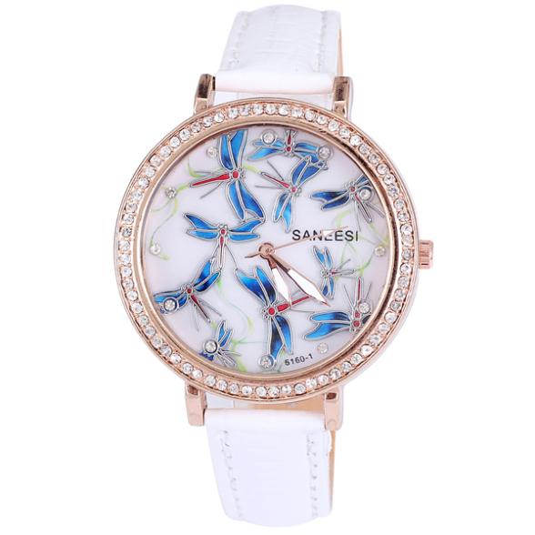 2014 Hot sale fashion watch beautiful blue dragonfly diamond jewelry snake crystal leather strap women quartz