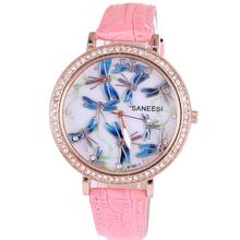 2014 Hot sale fashion watch beautiful blue dragonfly diamond jewelry snake crystal leather strap women quartz