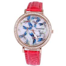 2014 Hot sale fashion watch beautiful blue dragonfly diamond jewelry snake crystal leather strap women quartz