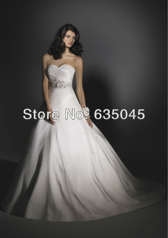 Vestido De Noiva 2014 Custom Made Sweetheart White Ivory Satin Pleat Beading Button A Line Wedding