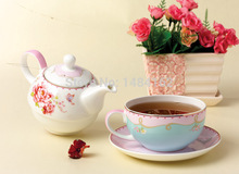 Gift Set Creative Bone China Ceramic Rose Pattern Tea and Coffee Set with Gold Inlay Edge Teapot Cup and Saucer