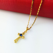 Fashion 24k Gold Fine Cross Pendant NecklacesTiles Chain Blue Crystal Free shipping Top Quality Chrismas Women’s Jewlery A151