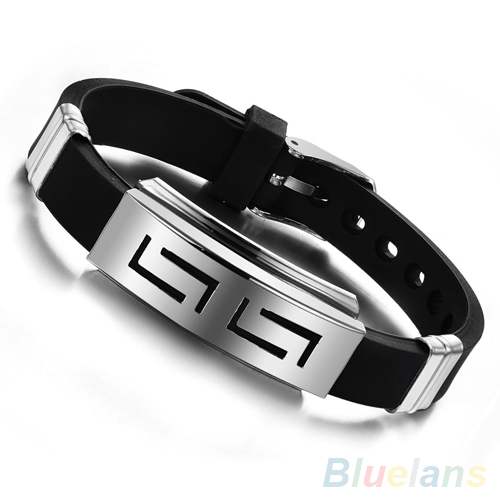 Men s Black Punk Rubber Stainless Steel Wristband Clasp Cuff Bangle Bracelet 2CW4