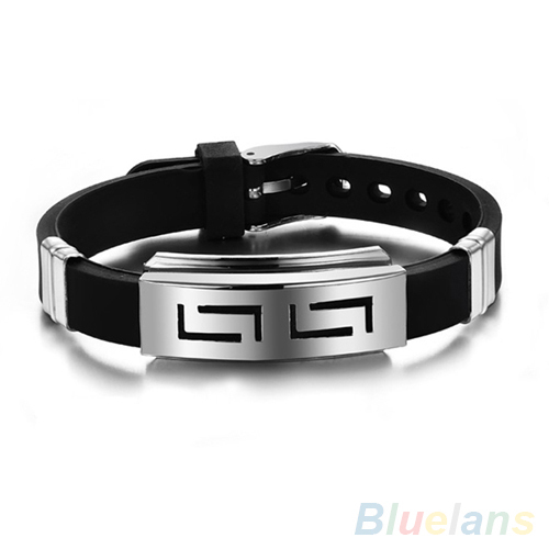 Men s Black Punk Rubber Stainless Steel Wristband Clasp Cuff Bangle Bracelet 2CW4