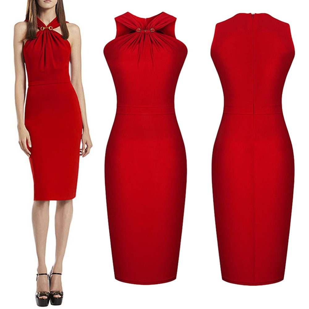 ... Red-Bodycon-Halter-Cocktail-Party-Dress-Slim-Plus-Size-Elegant-Women