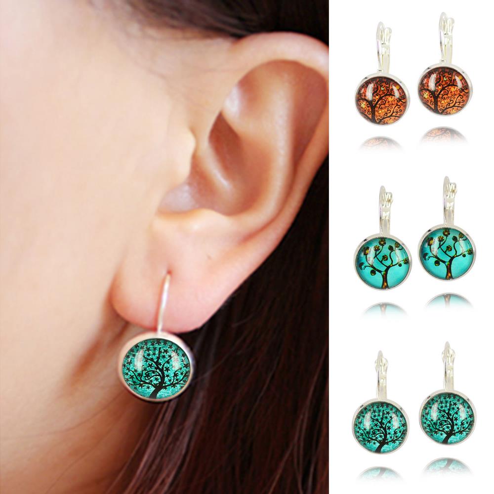 tree glass cabochon silver earrings French leverback dangle earrings fashion jewelry galaxy tree cabochon earrings for