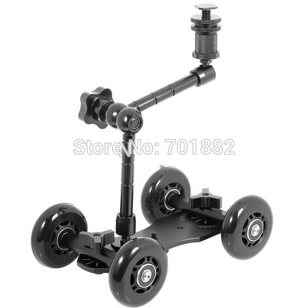 2in1 Portable Micro Camera Dolly Car with Black Wheels 11 Magic Arm for Photo Studio