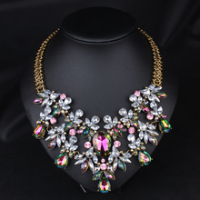 colorful crystal necklace fashion statement necklace&choker necklace wholesale,high quality flowers necklace chunky jewelry