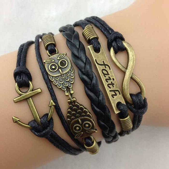 1PC Vintage Charms bracelets bangles Bronze Anchor Owl Knitted Leather Bracelet Rope Bracelet Wristband Gift Suzie