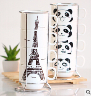 Zakka Eiffel Tower Four Pieces Set mug Cup with Iron Shelf Hob Coffee Milk Cup Set