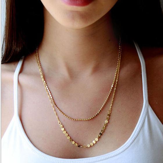 TX275 Gold Plated Double Layer Chain Necklace Jewelry