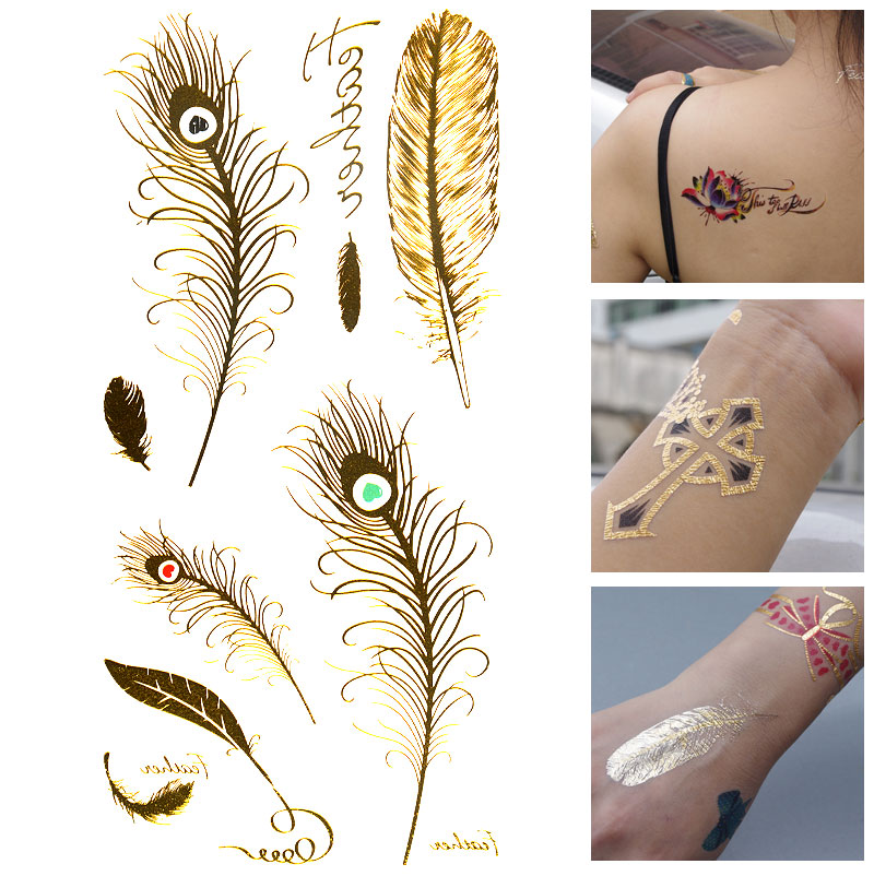 New Special Gold Silver Tattoos Jewelry Inspired Flash Tattoo Waterproof Flash Tattoo Feather Stickers Glitter Totem