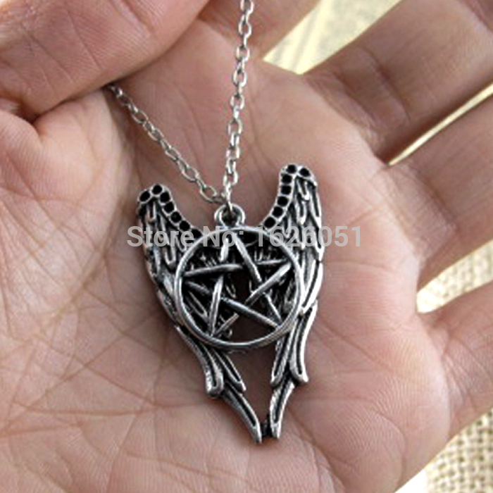 Antique Silver Supernatural Necklace Pentagram Pendant Castiel Wings Angel Wicca US SELLER Movie Jewelry