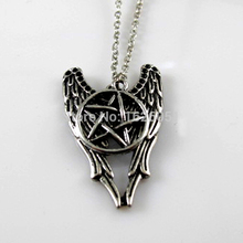 Antique Silver Supernatural Necklace Pentagram Pendant Castiel Wings Angel Wicca US SELLER Movie Jewelry