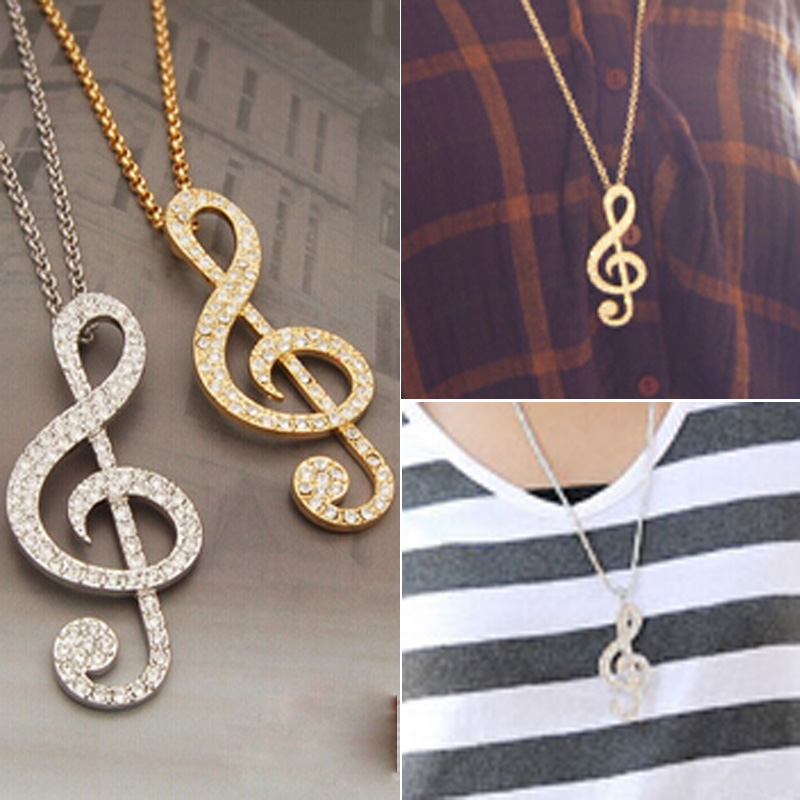 1PCS Lady Girl Symbol Note Gold Silver Jewelry Pendant Necklace Long Chain Sweater Necklace Free Shipping