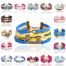 New Design Fashion Charming Retro Multilayer Leather Bracelets Cross Infinity Heart Pearl Tower LOVE Bangle  jewelry 2014 PT36